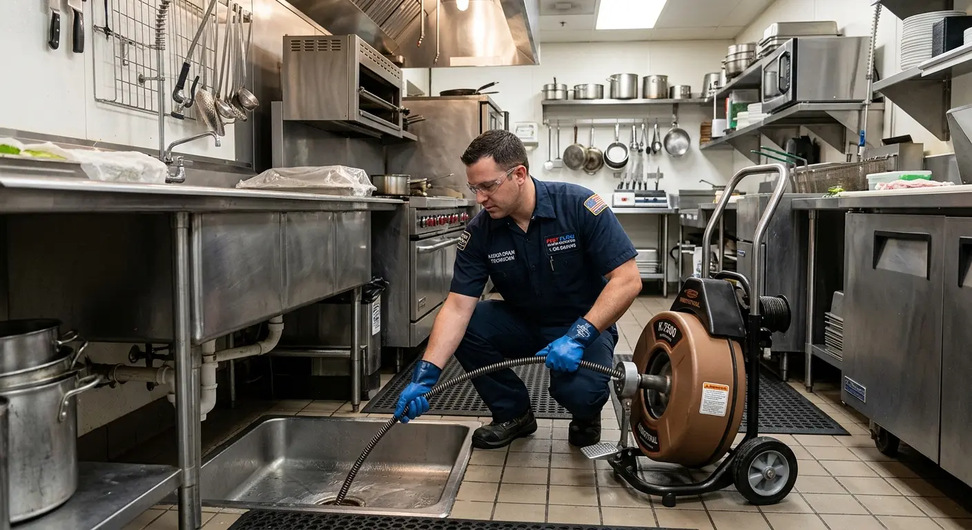 Commercial drain cleaning service in a restaurant kitchen in Los Ranchos de Albuquerque