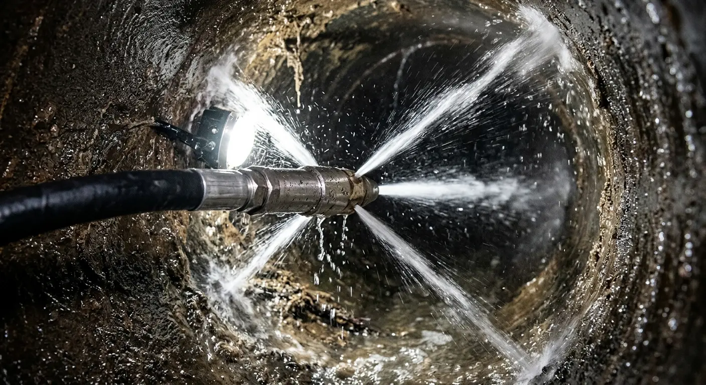 High-pressure hydro jetting nozzle cleaning sewer pipe for Trenchless Sewer Repair in Los Ranchos de Albuquerque