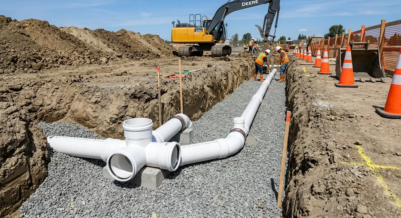 New PVC sewer pipe installation in open trench for Commercial Drain Cleaning in Los Ranchos de Albuquerque